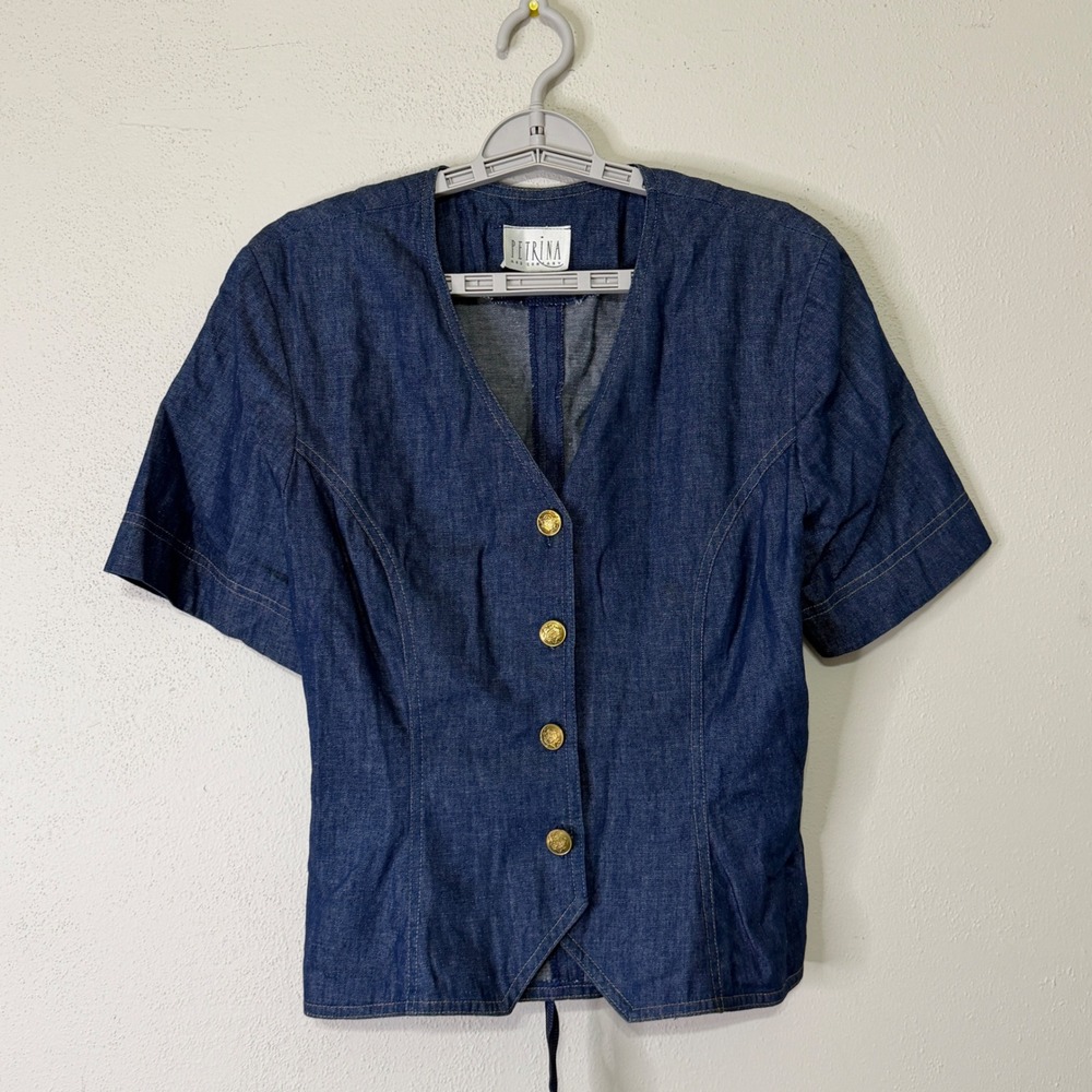 Vintage Petrina Denim Corset Peplum Top Blue Lace Up Back Gold Crest Buttons